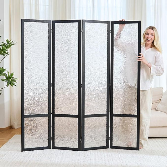 4 Panel Acrylic Room Divider Privacy Screen - Freestanding Frosted Translucent Partition, Lightweight Modern for Home Office Studio (Black, 4 Panels)