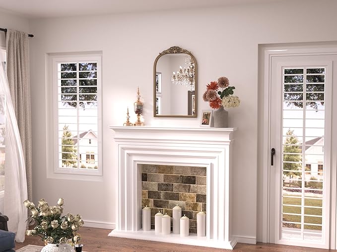 Keonjinn Gold Vintage Arched Mirror for Wall, 16" x 24" Brass Mirror with Metal Frame, Ornate Baroque Decoration for Mantle, Living Room, French Cleat Mounting