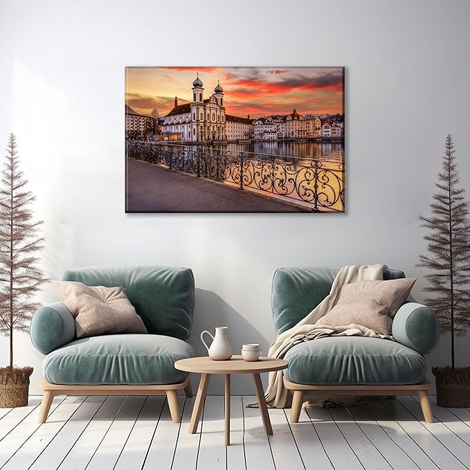 Mordern 1Pcs European Cityscape Canvas Wall Art Scenic Sunset Over River Cathedral with Domes Ready to Hang Architecture Romantic Travel Destination Decorative Framed Artwork for Living Rooms Bedrooms