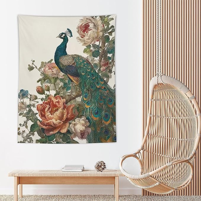 UUKXKUU Peacock Oriental Retro Blooming Flowers Tree Tapestry Wall Decor Large Wall Art Backdrop Flag Hanging for Bedroom Living Room Dorm Office 60"×80"
