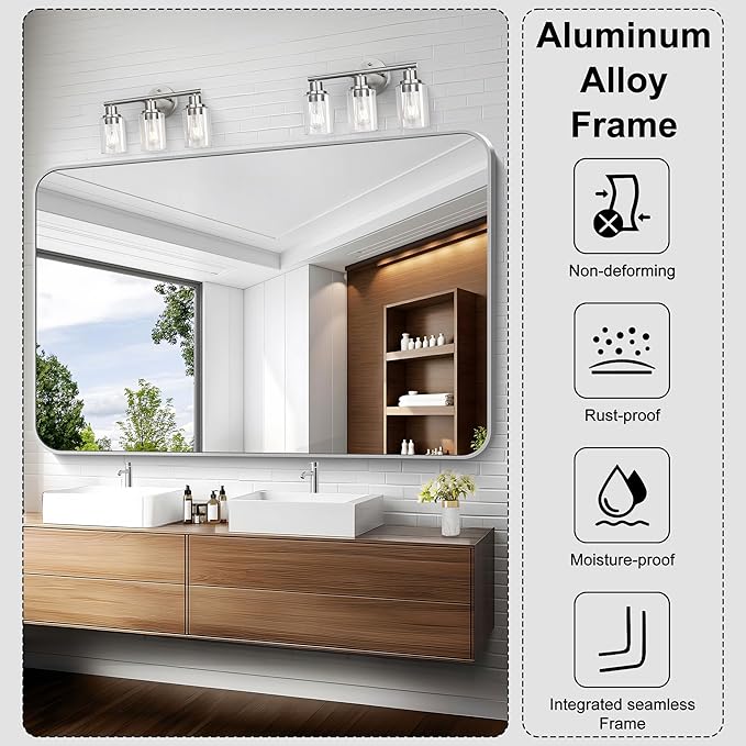 KOCUUY Silver Bathroom Mirror, 60x40 Inch Large Bathroom Mirror for Over Sink, HD Tempered Glass, Anti-Rust Brushed Silver Frame, Rounded Corner Modern Design for Bathroom, Hang Horizontal/Vertical