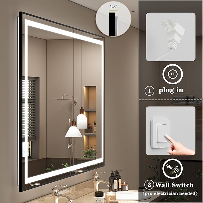 55x30 Black Framed LED Bathroom Mirror, Dimmable Vanity Mirror with Lights for Wall, Anti-Fog, Memory, Shatterproof, Backlit and Front Lights, ETL Listed