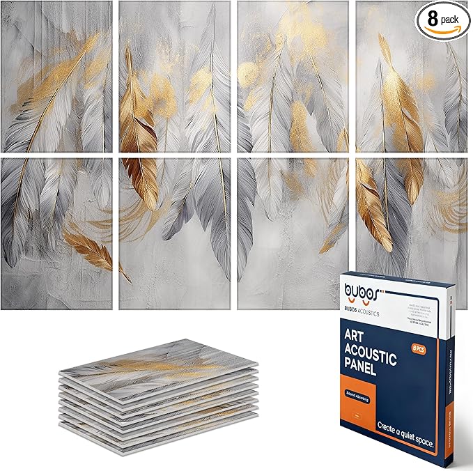 BUBOS 8 Pack Art Acoustic Panels Soundproof Wall Panel,47.2X31.4 Inches Sound Absorbing Panel,Self-Adhesive Decorative Acoustical Wall Panels, Acoustic Treatment for Ceiling Home Office（Feather）