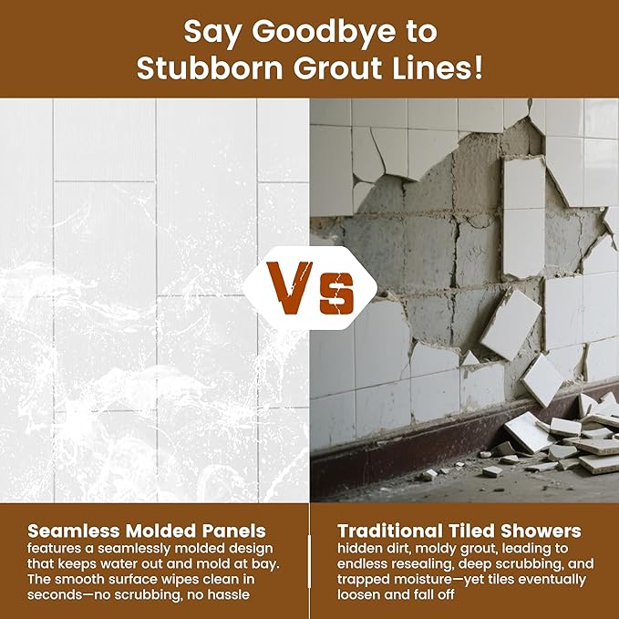 CASAINC Shower Wall Panels, Waterproof Wall Panels for Showers, Shower Surround Kit 3 Piece, 36D x 60W x 75H, Glossy White Wood Grain Finish, SMC Material, 3.5MM Thick, Quick Install, Trimmable