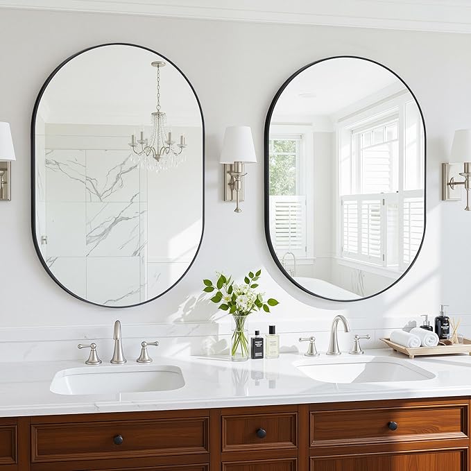Antok 2PCS Wall Mirror, 20"x30" Bathroom Vanity Mirror, Anti-Rust HD Tempered Glass, Wall Mounted Mirrors for Living Room, Entryway, Hallway, Black Frame, Oval