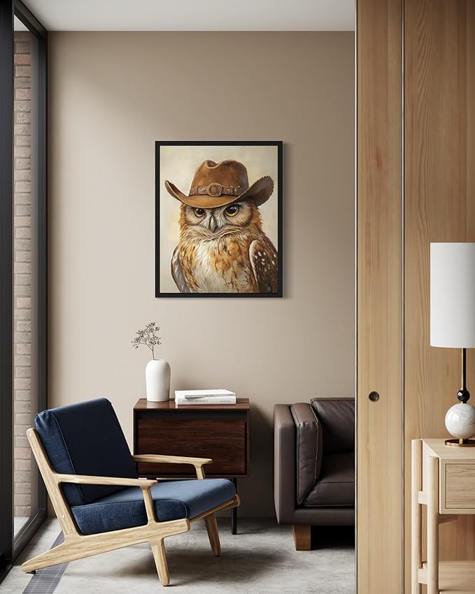 Owl Cowboy Art Print Poster Wall Art, Western Country Farmhouse Wild West for Bedroom, Bathroom, Living Room Art Decor 58 (Owl, 8 x 10 inches, Black Frame)