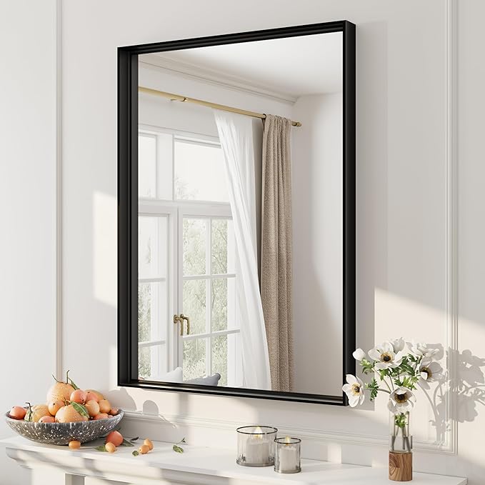 22x30 Inch Black Metal Framed Wall Mirror with Square Corner, Matte Black Rectangle Bathroom Vanity Mirror for Wall, Anti-Rust, Hangs Vertically or Horizontally