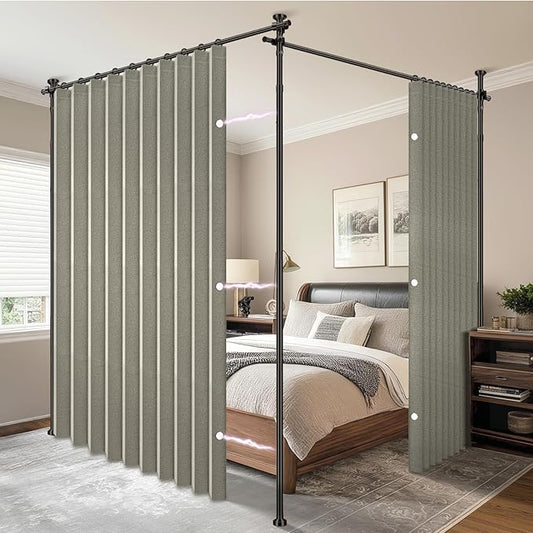 AJAZZ Privacy Curtains for Room Divider with Blackout & Soundproof (2 Panels, Grey, W100 x L84 in)+ No Drill Curtain Rods(H) 43-120×(W) 35-200 in, Wall Divider for Bedroom/Studio/Office Curtain