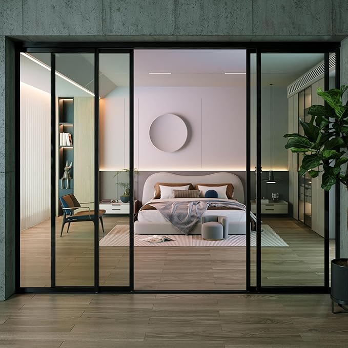 4 Panel Glass Room Divider and Sliding Glass Closet Doors - Smoked Frosted Partition Wall - Clear, Smoked and Frosted Glass Sliding Doors Options (Clear Glass, 120x80)