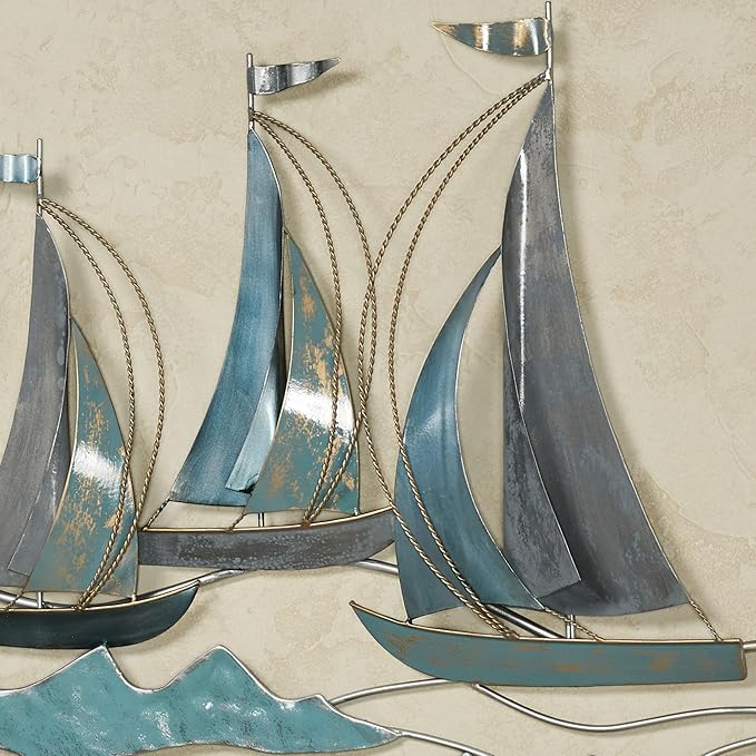 Afternoon Regatta Sailboat Wall Sculpture | Dimensional Nautical Sail Boat Coastal Metal Wall Art Decor | Sailboats Ocean Sea Waves Sailing Ship | Large 43 Inches Maritime Sail Boats Ships Sculpture