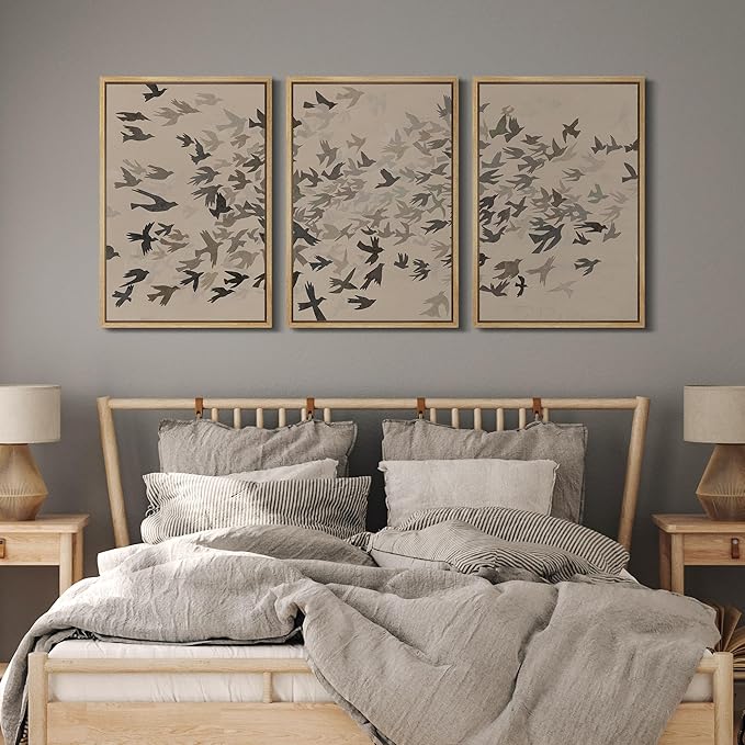 MUDECOR Framed Wall Art Print Set Minimalist Subtle Birds in Motion Illustrations Modern Art Boho Decorative Colorful Chic for Living Room, Bedroom, Office - 24"x36"x3 Natural