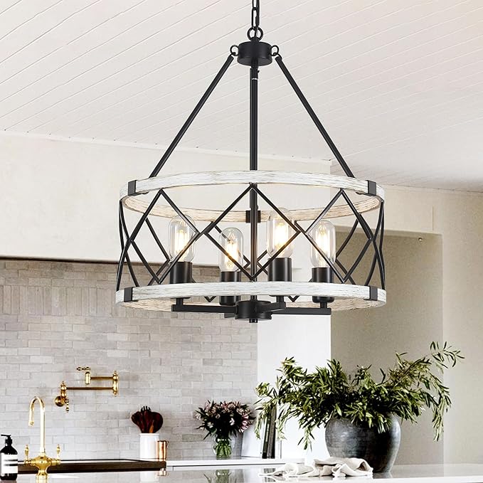 4-light Farmhouse Chandelier for Dining Room 17.7 inch Rustic Drum Chandeliers Adjustable Hanging Pendant Light Fixture for Kitchen Island Entryway Foyer Bedroom Living Room Hallway,Gray & Black,E26