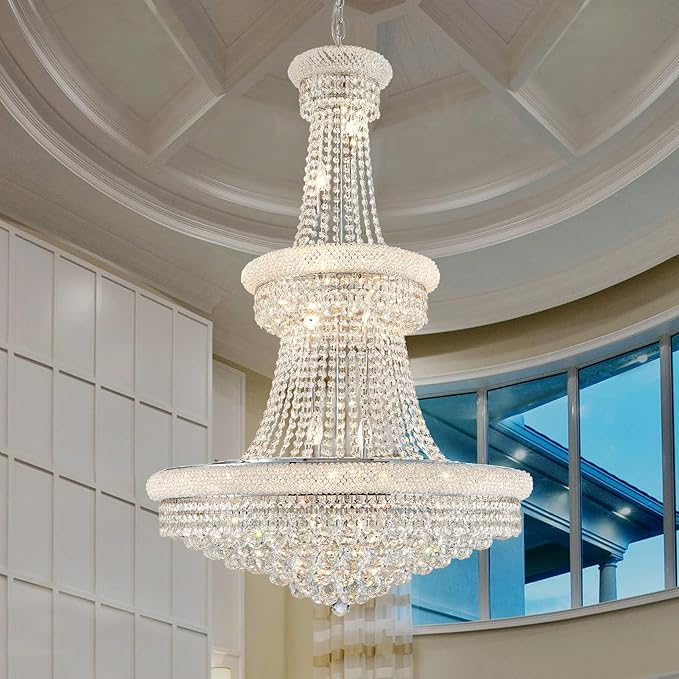 Large Crystal Chandelier Light fixtures - 19-Light High Ceiling Hanging Chandeliers, 3-Layers Luxury Empire Chandeliers for High Ceilings,Entryway,Living Room,Staircase, Foyer (D31.5)