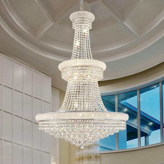 Large Crystal Chandelier Light fixtures - 19-Light High Ceiling Hanging Chandeliers, 3-Layers Luxury Empire Chandeliers for High Ceilings,Entryway,Living Room,Staircase, Foyer (D31.5)