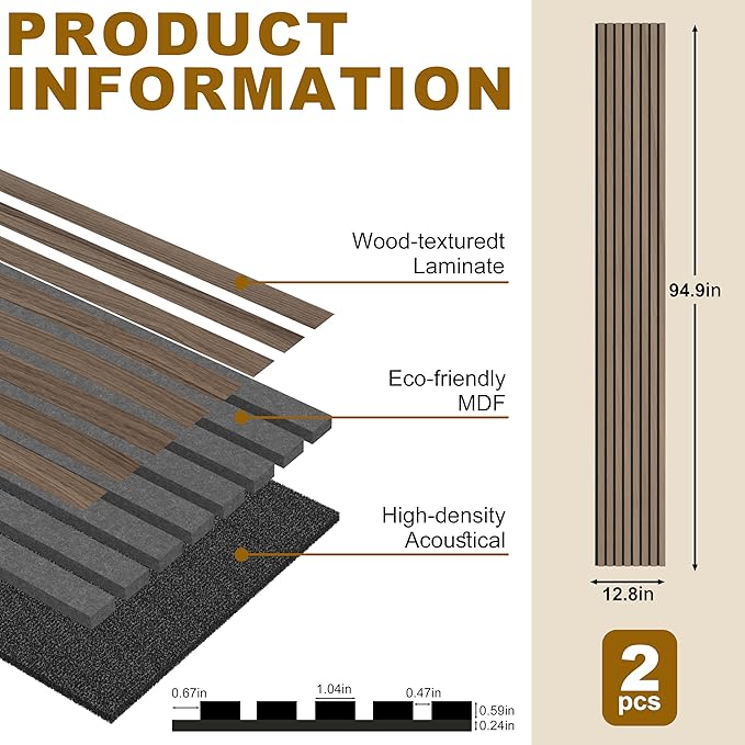 Acoustic Wood Wall Panels, 2-PC 94.49 x 12.6 in Soundproof Wood Wall Panels for Decor, Wood Slat Wall Panels for Wall Decor, Walnut