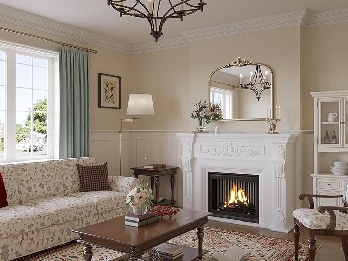 Arched Antique Wall Mirror, 32"x24" Wide Vintage Gold Bathroom Vanity Mirror, Ornate Arch Bronze Mirror for Over Sink/Fireplace/Entryway