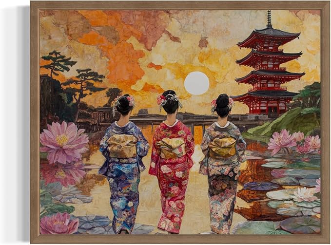 Japan Art Print Poster, Asia Oriental Countries Culture Wall Art Asian Paintings for Bedroom Bathroom Living Room Decor 97 (Japan, 11 x 14 inches, Wood Frame)
