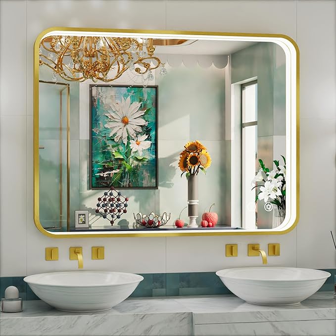 40x30 Inch Gold LED Mirror for Bathroom with Lights, Wall Mounted Lighted Bathroom Vanity Mirrors, Anti-Fog, Memory Funtion, Stepless Dimmable, Horizontal or Vertical