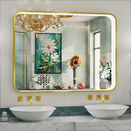 40x30 Inch Gold LED Mirror for Bathroom with Lights, Wall Mounted Lighted Bathroom Vanity Mirrors, Anti-Fog, Memory Funtion, Stepless Dimmable, Horizontal or Vertical