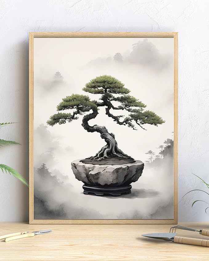 Japanese Wall Art Set of 4 – Samurai, Rising Sun, Bonsai Tree & Mount Fuji Prints – 8x10 inch Unframed, Modern Minimalist Asian Oriental Decor for Living Room