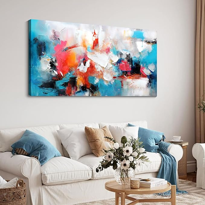 Abstract Wall Art Canvas Hand-Painted Art in Blue and Pink Office Wall Decor Wall Art for Living Room Paintings for Wall Decorations Modern Wall Decor for Bedrooms, and dining Room 24×48in