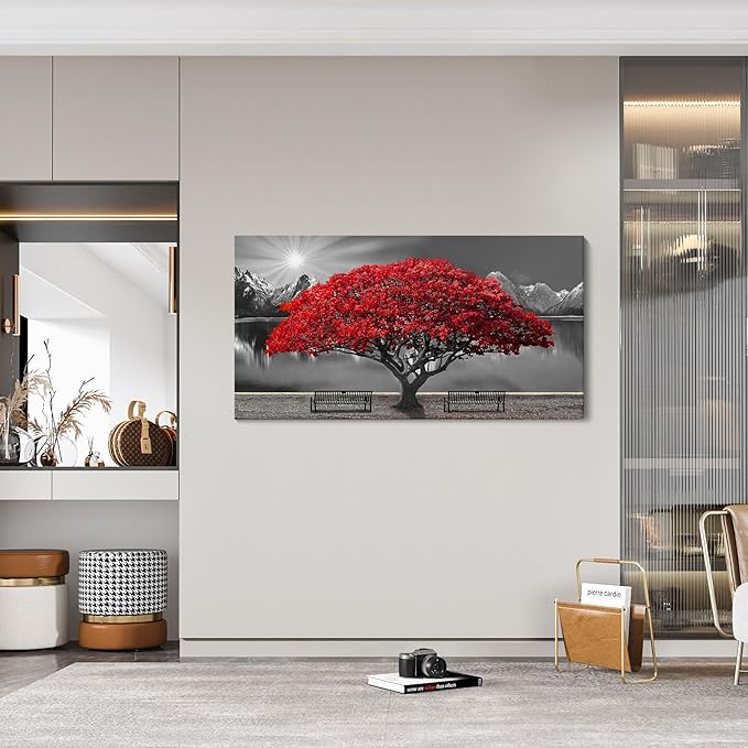 Mofutinpo Black and White Red Tree Wall Art Canvas Print Picture Large Red Tree Landscape Modern Artwork for Living Room Bedroom Office Home Wall Decoration Decor With Frame 20x40in