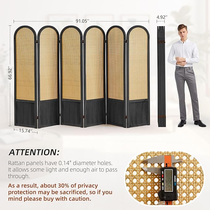 6 Panel Room Divider and Folding Privacy Screen, 5.6 Ft Foldable Double Hinged Rattan Partition, Hand-Woven Rattan Room Divider Portable Wood Freestanding Wall Divider for Room Separation - Black