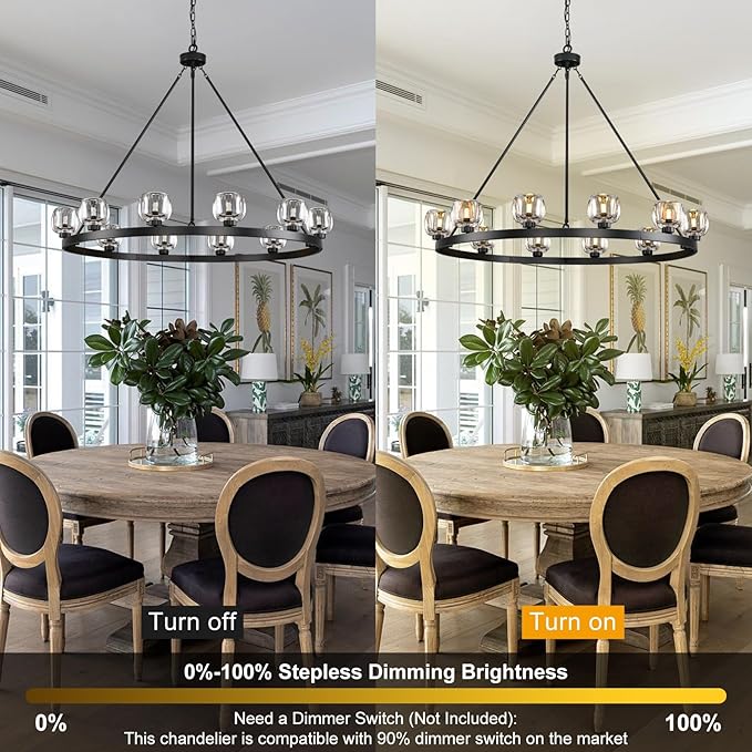 Black Wagon Wheel Chandelier, 48 Inch Black Chandeliers with Unique Glass Shade, 12-Light Crystal Large Wagon Wheel Chandeliers for Dining Room, High Ceiling Round Chandelier for Living Room, Foyer