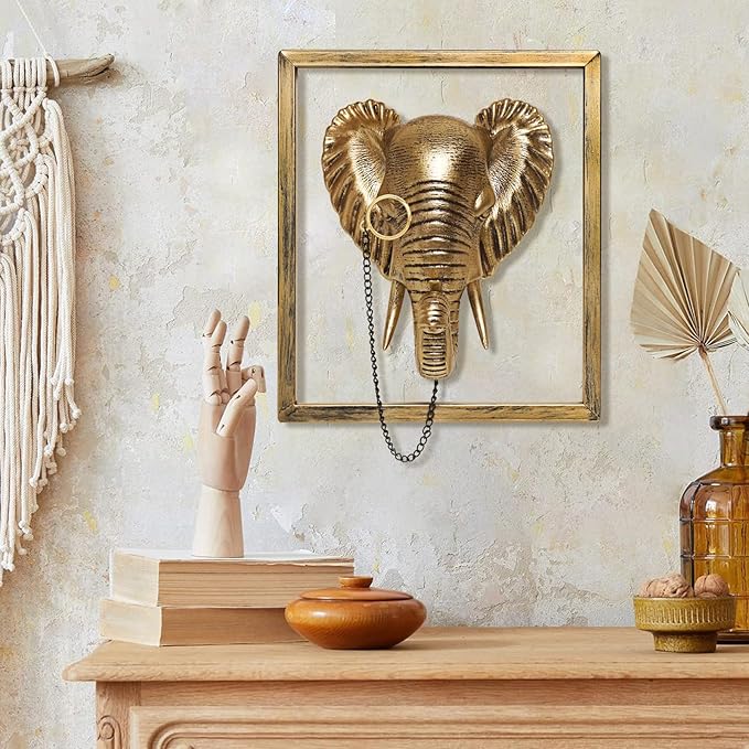 Newinhome Animal Heads Wall Decoration (Gift Metal Frame) Resin Animals Sculptures Head Wall Hanging Decor Gold vintage Wall Sculpture for Living Room Bedroom Office(Elephant)