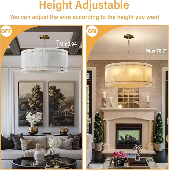 37" Round Alabaster Chandelier, Modern Dining Room Chandeliers with Adjust Height, 8-Light Marble Hanging Pendant Dining Light Fixture for Kitchen Island, Living Room, Bedroom, Foyer, Entryway