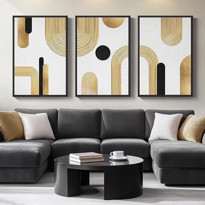 Large Framed Gold Abstract Geometric Wall Art for LIving Room, 3 Piece Modern Canvas Prints Paintings Artwork for Walls, Minimalist Black White Gold Pictures for Hallway Office Wall Decor 24x36 Inch