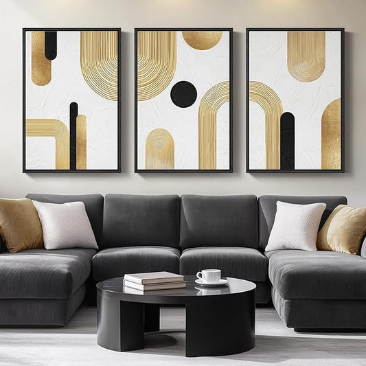 Large Framed Gold Abstract Geometric Wall Art for LIving Room, 3 Piece Modern Canvas Prints Paintings Artwork for Walls, Minimalist Black White Gold Pictures for Hallway Office Wall Decor 24x36 Inch