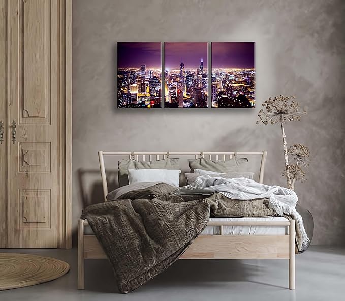 NAN Wind Large Modern City Chicago Skyline Pictures Cityscape Canvas Wall Art for Bedroom Downtown Poster Office Dining Room Wall Decor Wood Framed Night Scene Prints Paintings for Home Decorations