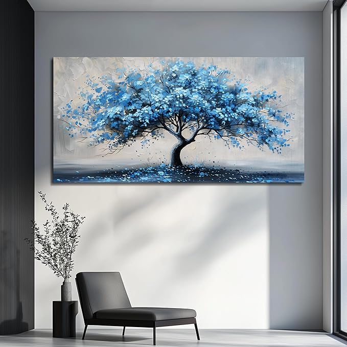 KELIYUAN Wall Art For Living Room Large Wall Decor For Office Bedroom Wall Decorations Abstract Canvas Painting Blue Tree Pictures Artwork Ready To Hang Guesthouse Room Mural Home Decor 24x48 In