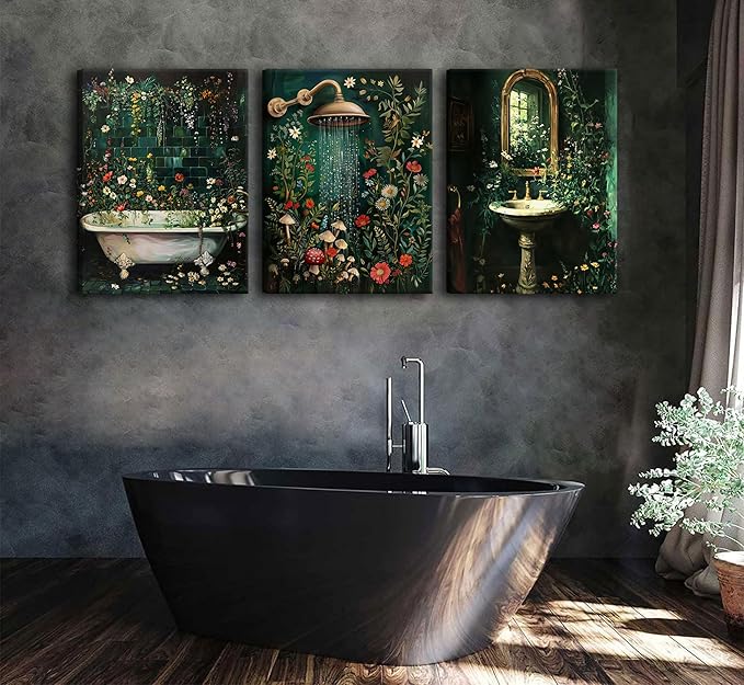 KKJ 3 Pcs Green Botanical Bathroom Canvas Wall Art, 16x24in Each, Dark Green Wildflowers, Floral Picture Wall Decor, Rural Style, Bathroom & Laundry Room Decoration