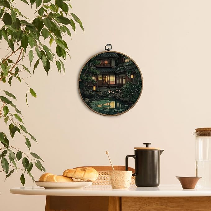 KTYHD Japanese Japandi Wall Art Decor, Traditional Japanese Garden Round Canvas Wall Art, Oriental Landscape Aesthetic Pond Scenery Walls Decor for Living Room Bedroom, Japandi Home Decor