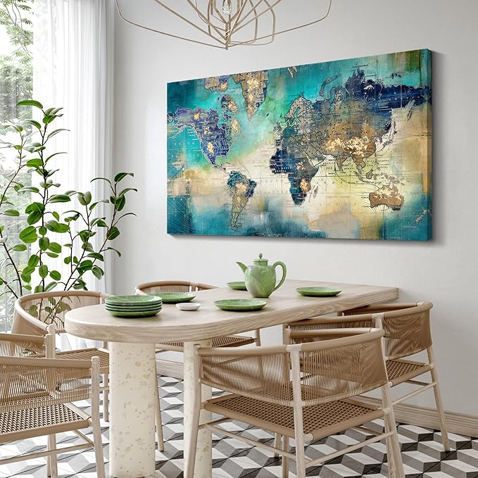 Large World Map Canvas Prints Wall Art for Living Room Office "24x48" Green World Map Picture Artwork Decor for Home Decoration