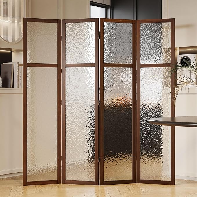 Acrylic Room Divider, 4-Panel Freestanding Partition Screen, Frosted Translucent Privacy Panel - Lightweight Modern Divider for Home Office Studio (Walnut, 4 Panels)