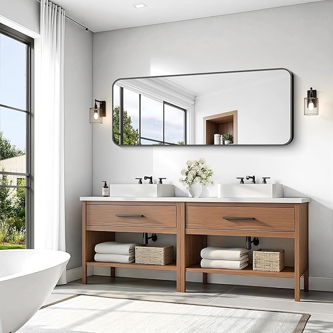 KOCUUY Black Bathroom Mirror 60"x24", Large Vanity Mirror with Rounded Corner, Metal Black Frame with Mordern Design for Bathroom, Living Room, Entryway, Hang Horizontal/Vertical