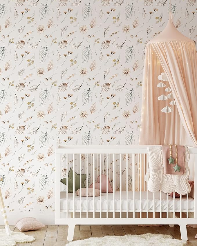 Modern Botanical Wallpaper | Removable Self Adhesive Watercolor Wallpaper | Neutral Floral Peel and Stick (1 roll 24" W x 48" H)