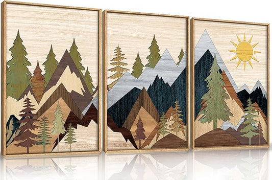 Ausril Mountain Pine Tree Framed Canvas Wall Art Set, Nature Wilderness Illustration Wall Decor, Woodcut Forest Wall Painting, Mid Century Modern Art Print for Living Room Bedroom Office 24"x36"x3