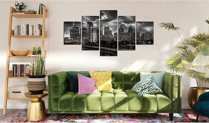 Cawpom Philadelphia Wall Art Philadelphia Skyline Wall Decor Black and White Picture Frame Lightning Canvas Print - (60x32 inches) Pennsylvania Painting Poster - Heartwarming Gift for Home Decoration