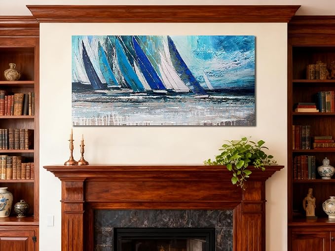 Arjun Blue Abstract Wall Art Canvas for Living Room Teal Ocean Sailboat Textured Bedroom Picture Modern Turquoise Coastal Nautical Painting Large Framed Artwork Home Office Wall Decor, 40"x20"