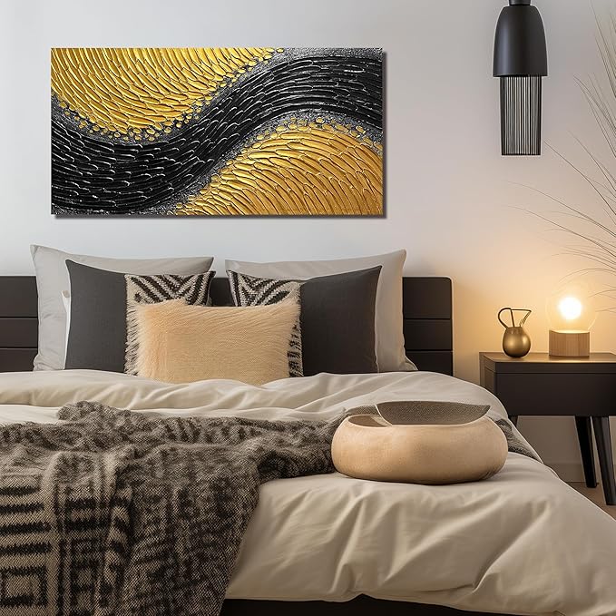 Abstract Painting Wall Art for Living Room Black and Gold Wall Art for Office 3D Textured Canvas Wall Decor for Bedroom Size 20 x 40 Inch