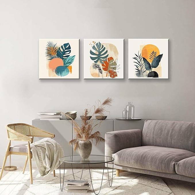NAN Wind 3 Panels Modern Abstract Tropical Canvas Wall Art Colorful Leaf Prints Contemporary Botanical Art for Living Room Minimalist Plant Decor Geometric Palm & Monstera Leaf Paintings Home Decor