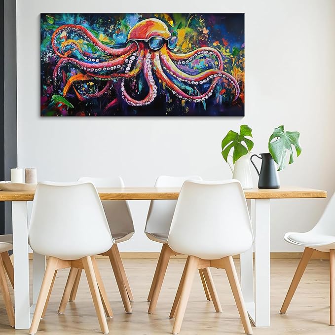 JEAWA Large Canvas Wall Art - Funny Octopus Wearing Sunglasses Modern Graffiti Texture Wall Painting for Living Room Bedroom Men Teenage Boy Room Game Room Cool Posters Decor 24x48 IN