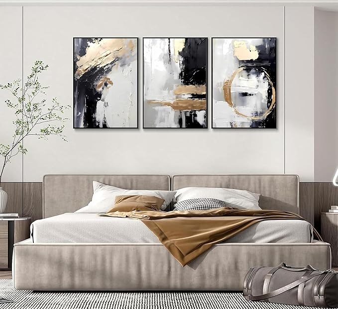 3pcs Black Gold Canvas Wall Art Abstract Geometric Textured Posters Prints Pictures Paintings with Faux Stucco Finish Modern Beige Minimalist Wall Decor for Living Room Bedroom Bathroom Unframed