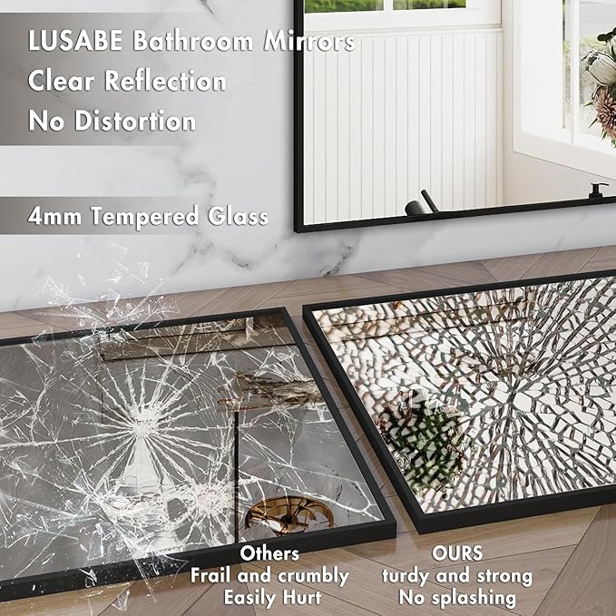 48x36 Inch Black Bathroom Mirror, Metal Framed Vanity Mirror for Wall, Anti-Rust Decorative Rectangle Mirror, Shatter-Proof Home Decor Farmhouse Mirror (Horizontal/Vertical)