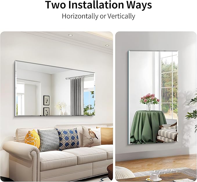 KOCUUY Beveled Mirror, 55x30 Inch Large Frameless Bathroom Mirror for Over Sink, Upgraded Shatterproof Beveled Unframed Design Mirror for Bathroom, Bedroom, Hang Horizontal/Vertical