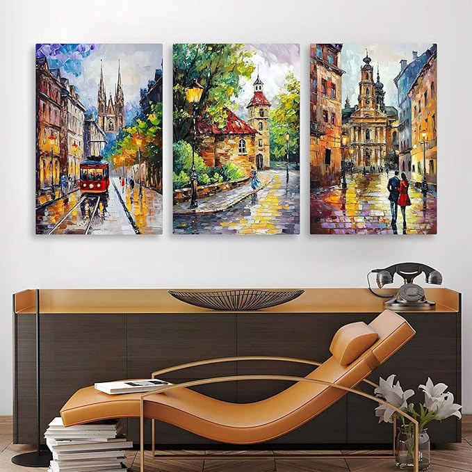 Kewhush European Town Canvas Wall Art, Colorful City Street Canvas Prints, Europe City Wall Art, Set of 3 Abstract Poster, Landscape Artwork, Romantic Decor for Living Room (24" x 36" x 3 pcs)